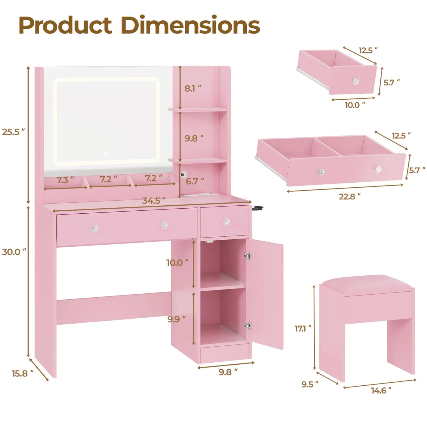 Vanity Desk with Mirror & Lights, GRWM Vanity Table with Drawers & Storage Shelves, Makeup Dressing Table with Stool & Charging, Pink
