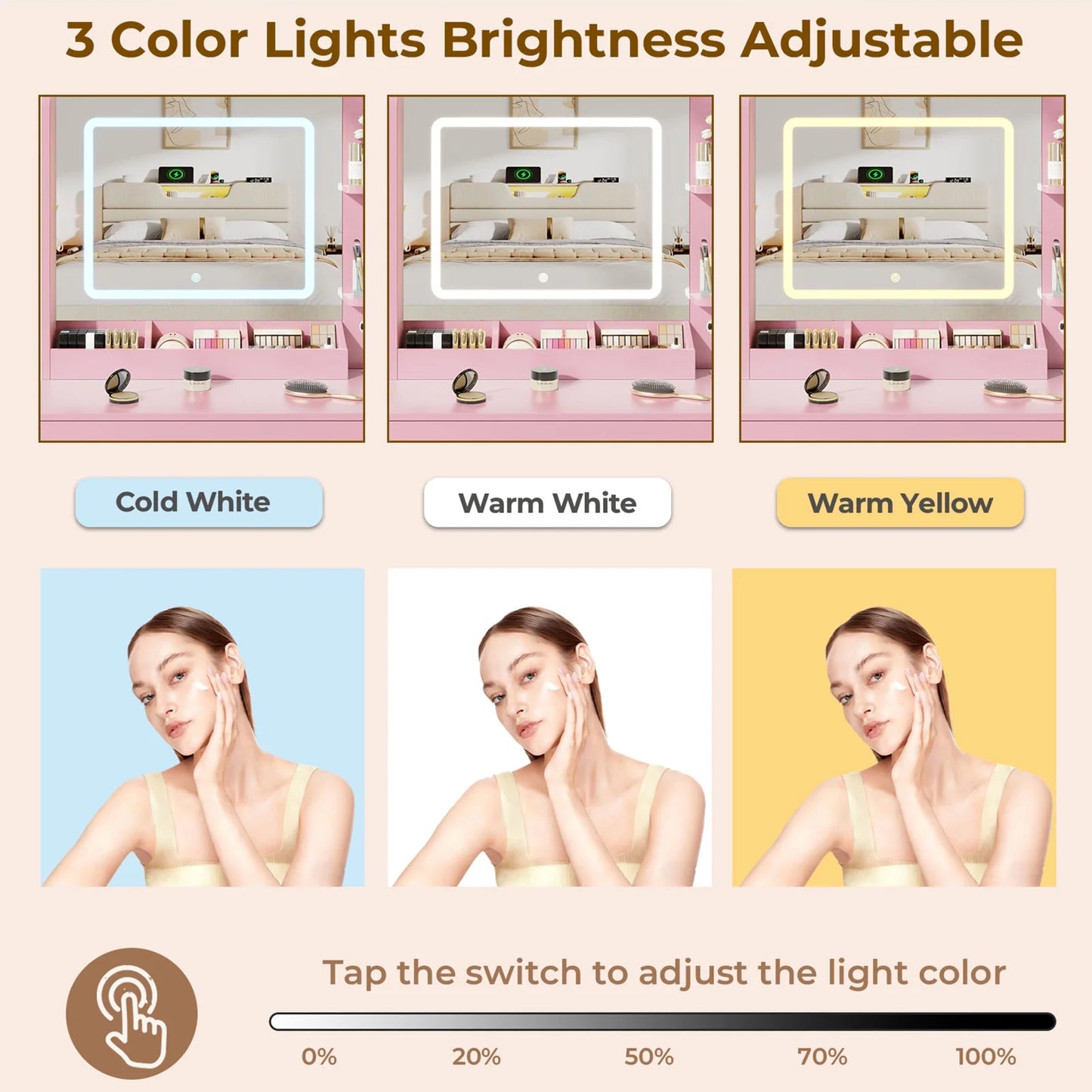 Vanity Desk with Mirror & Lights, GRWM Vanity Table with Drawers & Storage Shelves, Makeup Dressing Table with Stool & Charging, Pink