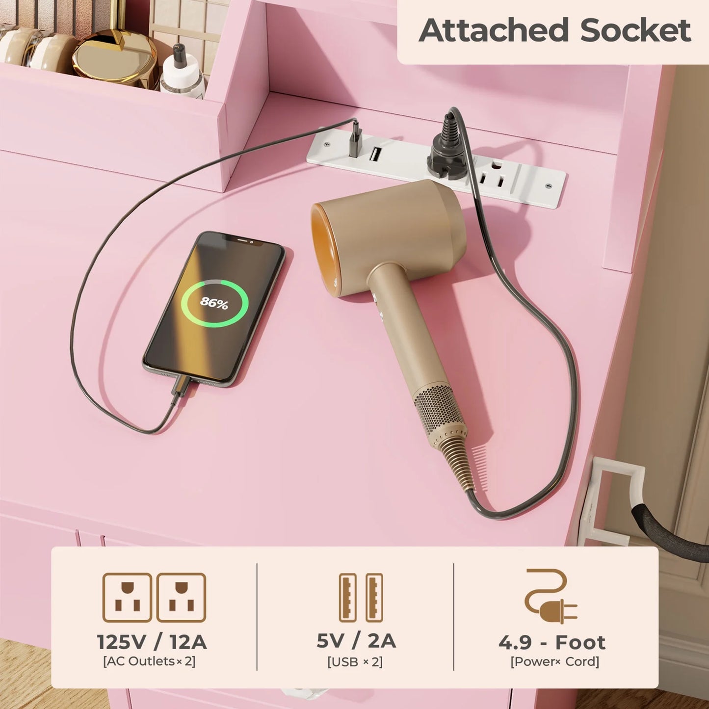 Vanity Desk with Mirror & Lights, GRWM Vanity Table with Drawers & Storage Shelves, Makeup Dressing Table with Stool & Charging, Pink