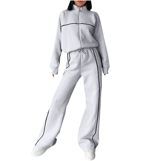 Cotton Tracksuits Womens 2 Piece Fall Winter Sports Outfits Full Zip Sweatshirt Wide Leg Sweatpant Set Retro Sweatsuit (S, Gray)