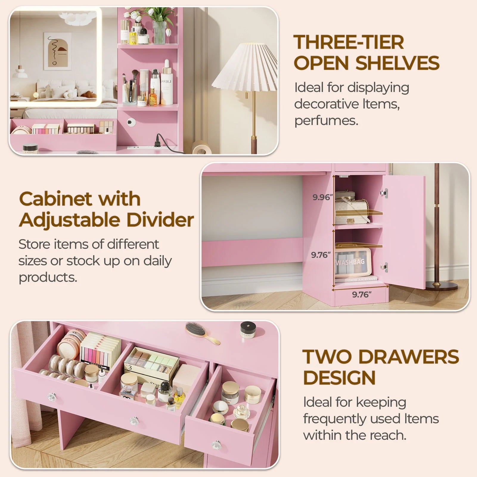 Vanity Desk with Mirror & Lights, GRWM Vanity Table with Drawers & Storage Shelves, Makeup Dressing Table with Stool & Charging, Pink