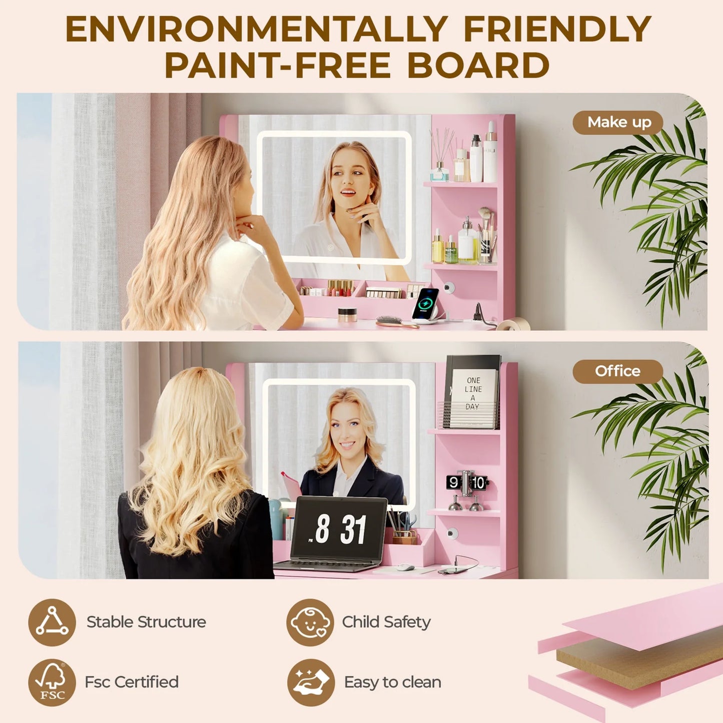 Vanity Desk with Mirror & Lights, GRWM Vanity Table with Drawers & Storage Shelves, Makeup Dressing Table with Stool & Charging, Pink