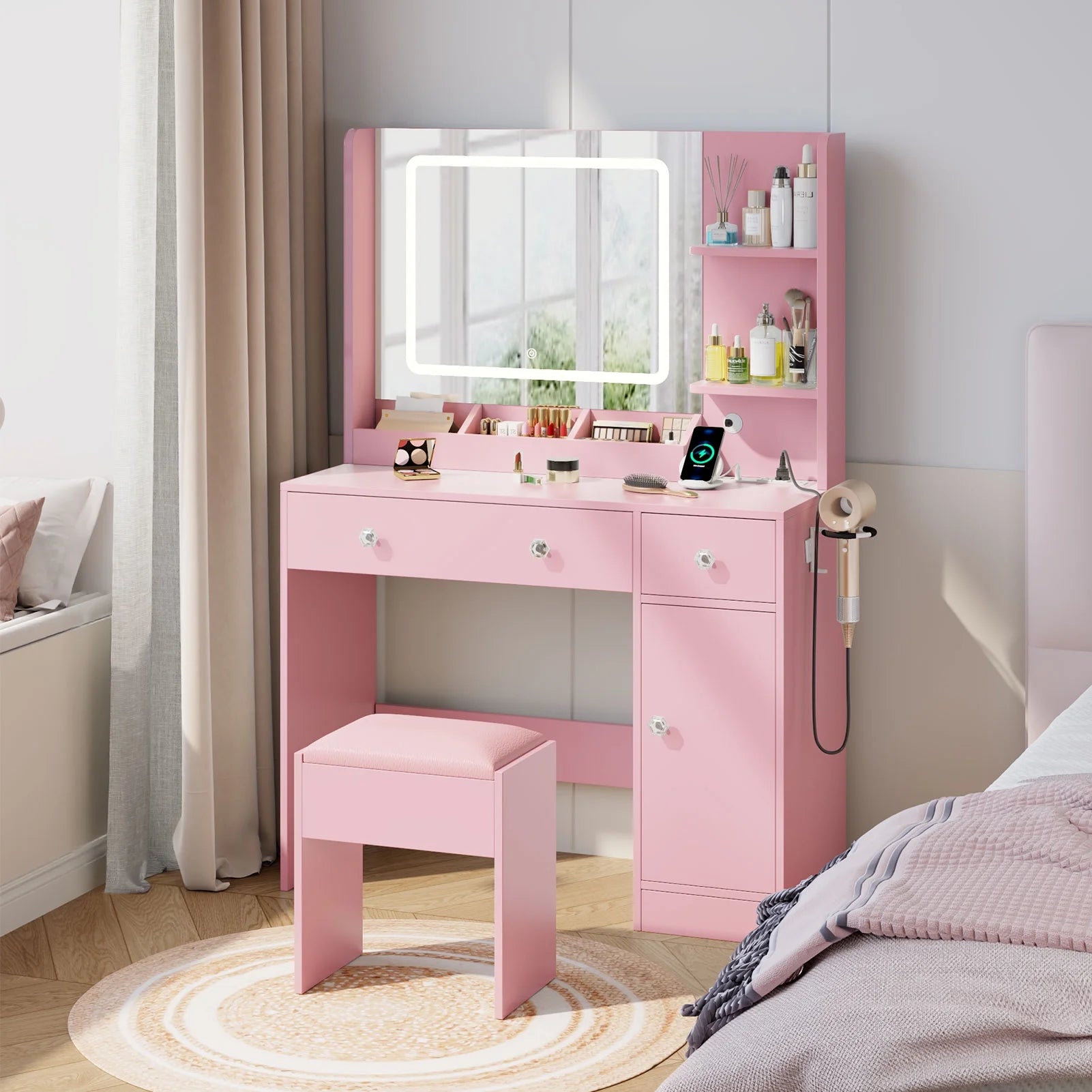 Vanity Desk with Mirror & Lights, GRWM Vanity Table with Drawers & Storage Shelves, Makeup Dressing Table with Stool & Charging, Pink