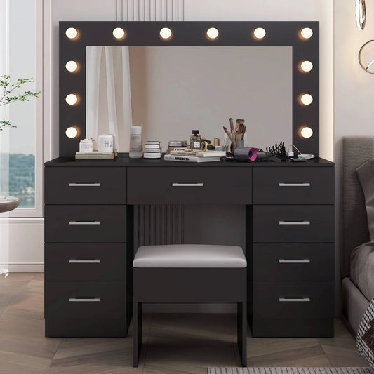 Large Makeup Vanity, Get Ready with Me GRWM Vanity Table Set W/ Visible Glass Top W/ Charging Station, Black