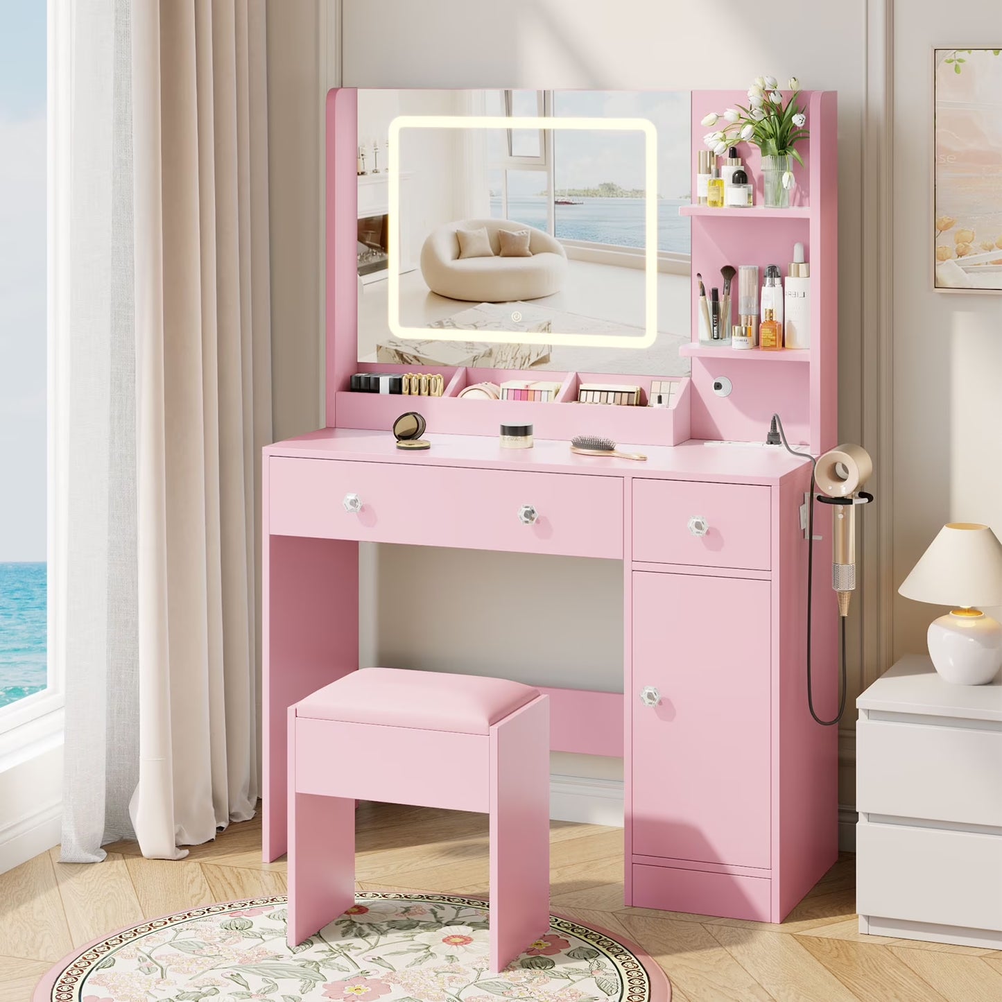 Vanity Desk with Mirror & Lights, GRWM Vanity Table with Drawers & Storage Shelves, Makeup Dressing Table with Stool & Charging, Pink