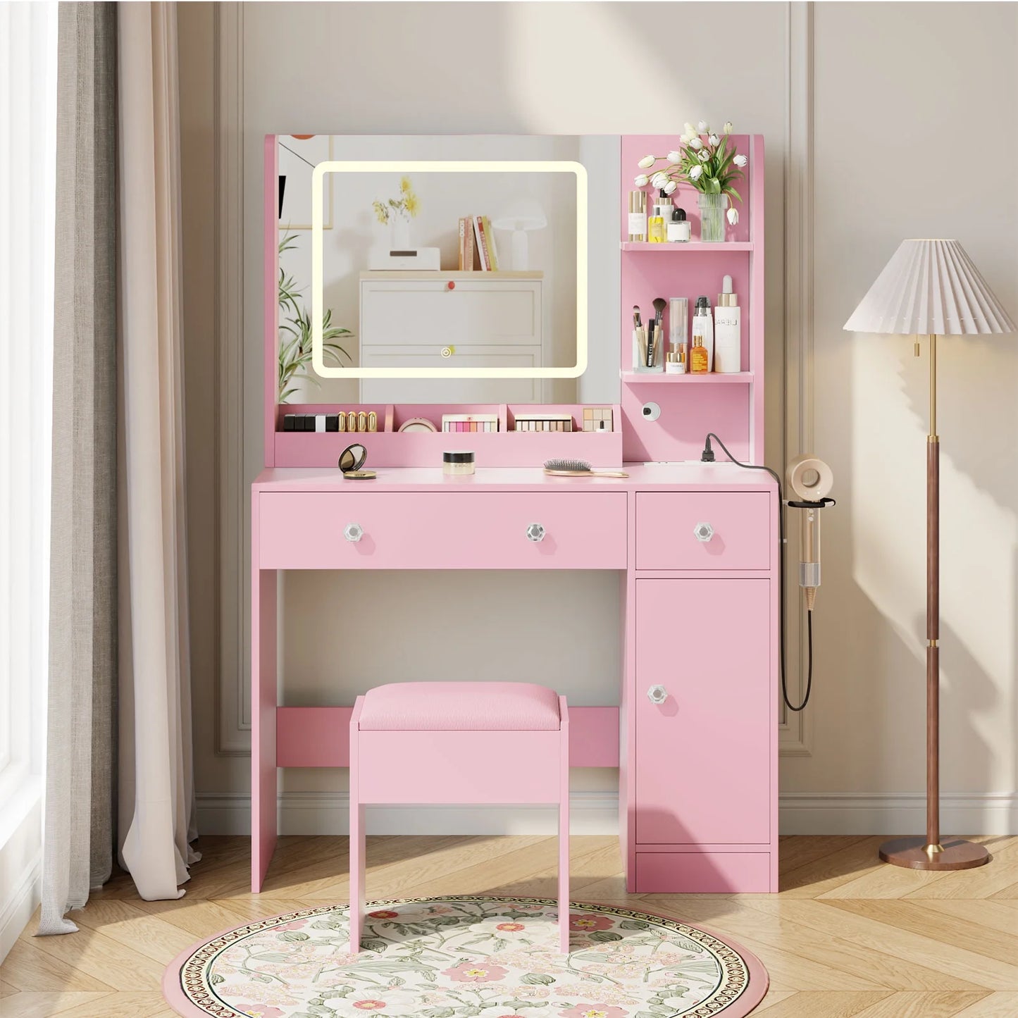 Vanity Desk with Mirror & Lights, GRWM Vanity Table with Drawers & Storage Shelves, Makeup Dressing Table with Stool & Charging, Pink