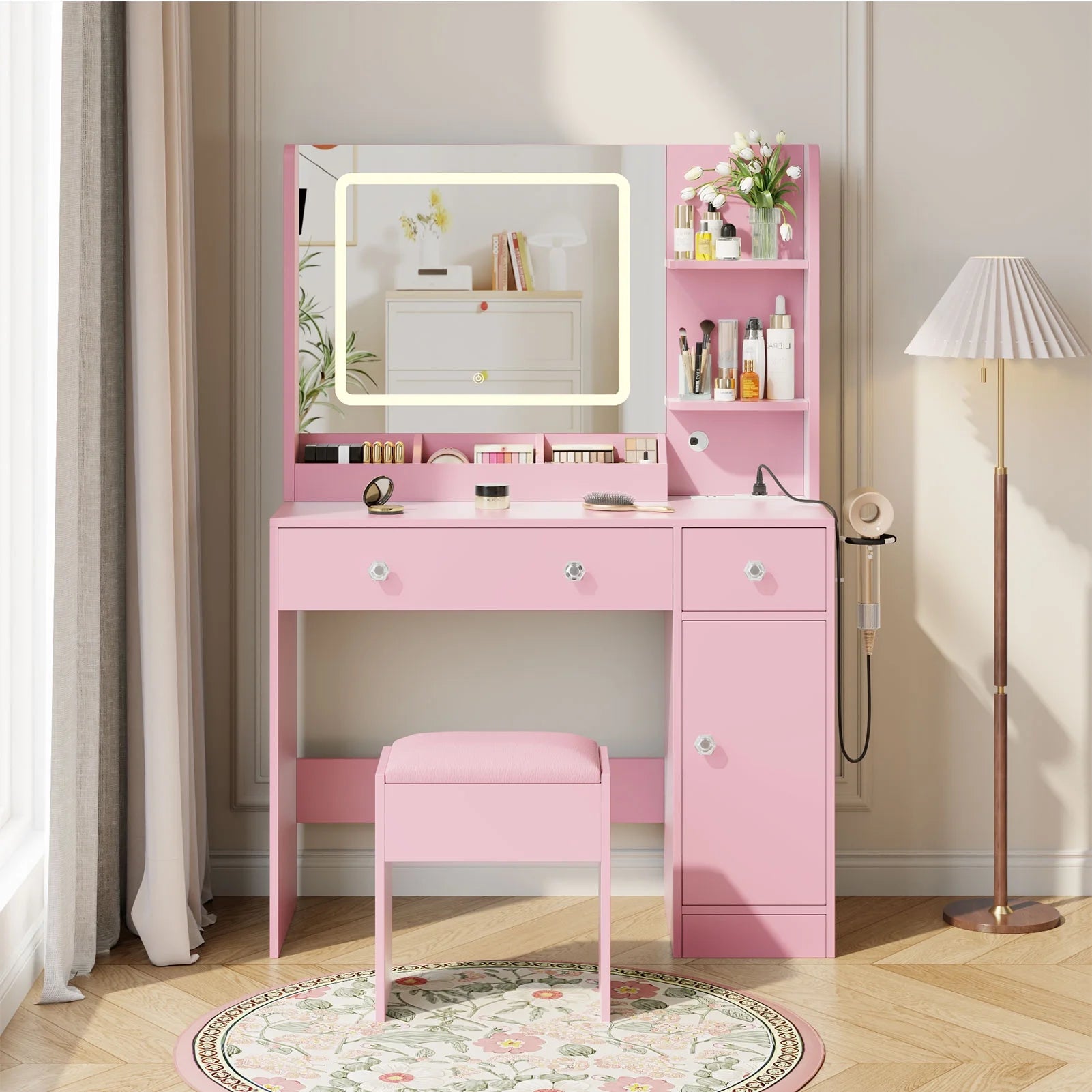 Vanity Desk with Mirror & Lights, GRWM Vanity Table with Drawers & Storage Shelves, Makeup Dressing Table with Stool & Charging, Pink