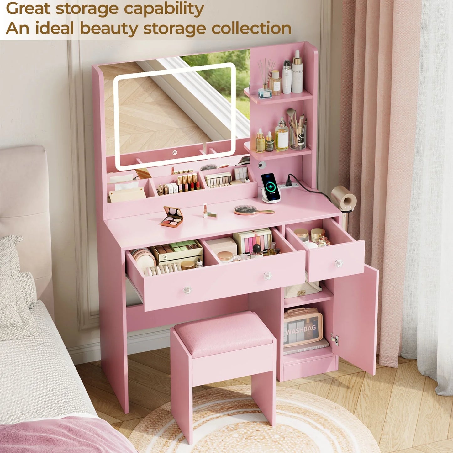 Vanity Desk with Mirror & Lights, GRWM Vanity Table with Drawers & Storage Shelves, Makeup Dressing Table with Stool & Charging, Pink